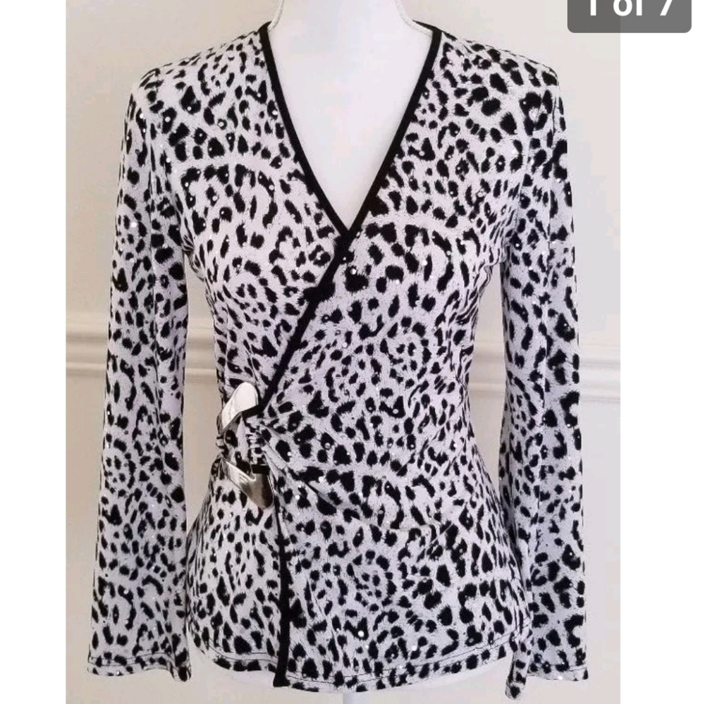 Joseph Ribkoff Black White Animal Print Long Sleeve Glitter Wrap Top size 6